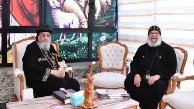 البابا تواضروس يستقبل الأنبا أغابيوس في دير الأنبا بيشوي لمناقشة شؤون الدير الرهبانية