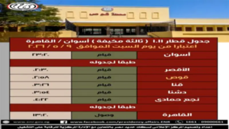 استجابة لركاب قنا.. السكة الحديد تقرر وقوف قطار 1011 القاهرة أسوان بمحطة قوص