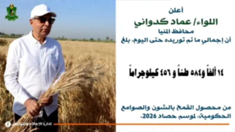 محافظ المنيا: توريد 14 ألف طن من القمح ضمن موسم 2026 لتعزيز الأمن الغذائي