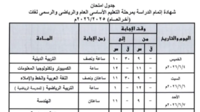 جدول امتحانات الشهادة الإعدادية بالقليوبية 2026.. التفاصيل الكاملة