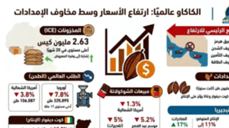 ارتفاع حاد في أسعار الكاكاو عالمياً مع مخاوف من اضطرابات الإمدادات وسلاسل الشحن