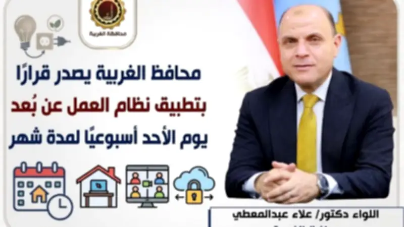 محافظ الغربية يعلن تطبيق العمل عن بُعد يوم الأحد لمدة شهر ضمن خطة ترشيد الطاقة