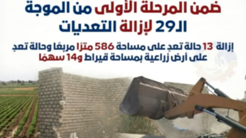إزالة 13 حالة تعدٍ على الأراضي الزراعية وأملاك الدولة في البحيرة