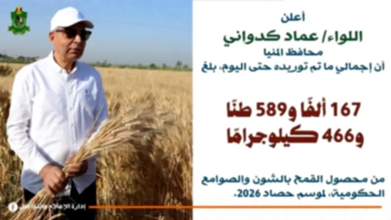 محافظ المنيا: توريد القمح يتخطى 167 ألف طن منذ بدء موسم 2026