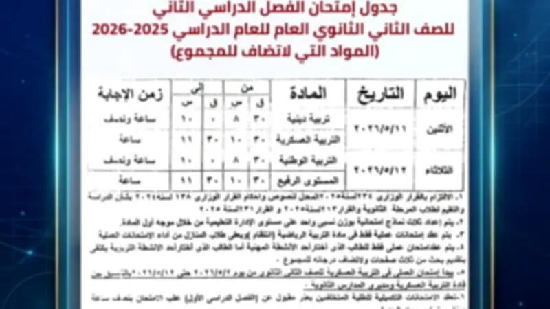 محافظ البحيرة تعتمد جداول امتحانات الفصل الدراسي الثاني 2025-2026