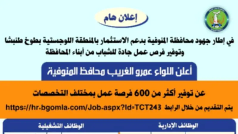 محافظ المنوفية يعلن فرص عمل جديدة بالمنطقة اللوجيستية ببركة السبع