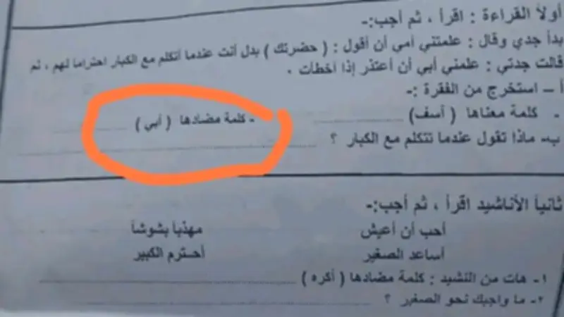 سؤال مضاد أبي في امتحان عربي للصف الثالث يثير جدلا واسعا