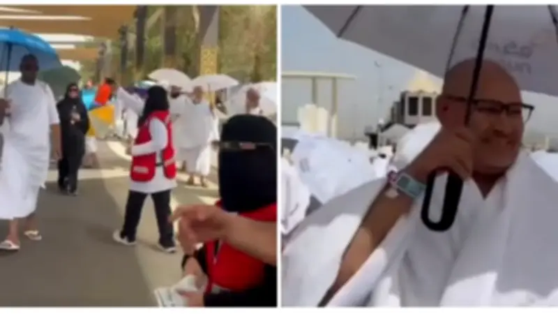 متطوعون يوزعون مظلات وأكياس ثلج على حجاج عرفات في حرارة شديدة