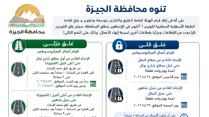 غلق كلي وجزئي لكوبري أكتوبر بالاتجاهين.. المواعيد والمسارات البديلة