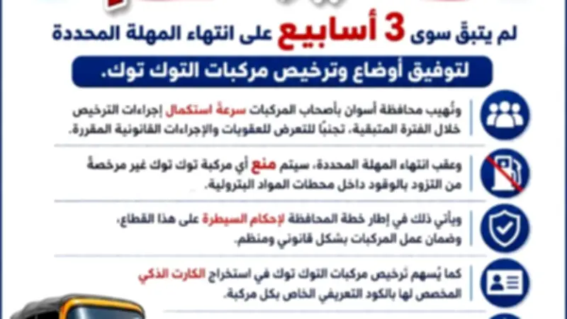 أسوان: 3 أسابيع مهلة أخيرة لترخيص مركبات التوك توك