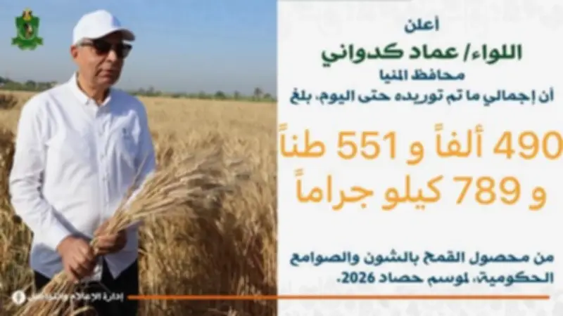 محافظ المنيا: توريد 490 ألف طن قمح يتجاوز المستهدف بنسبة 15%