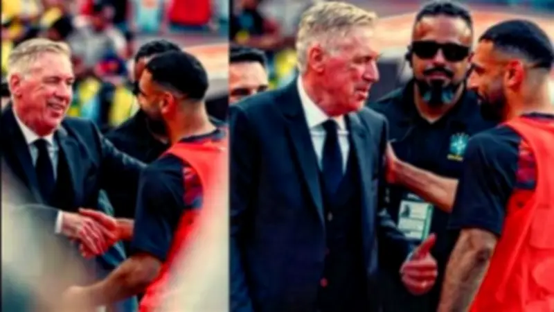 بالأحضان.. لقطة رائعة بين محمد صلاح وأنشيلوتي في مباراة البرازيل ومصر