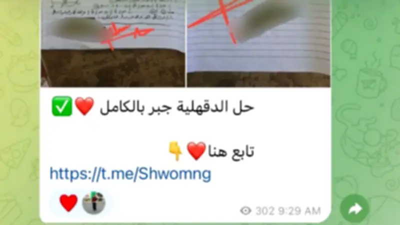 تداول إجابات جبر إعدادية الدقهلية والأقصر وعلوم المنيا على جروبات الغش بتليجرام