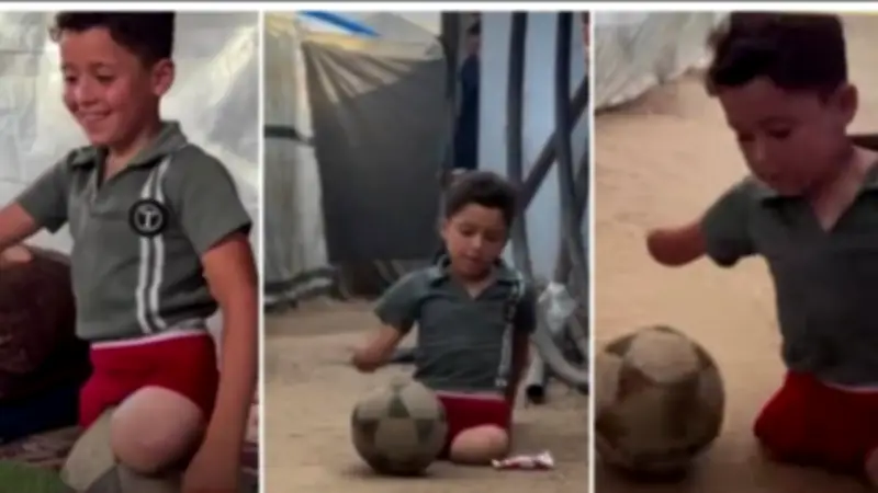 بلا ساقين وبيد واحدة.. طفل فلسطيني يتحدى إعاقته ويلعب كرة القدم في غزة