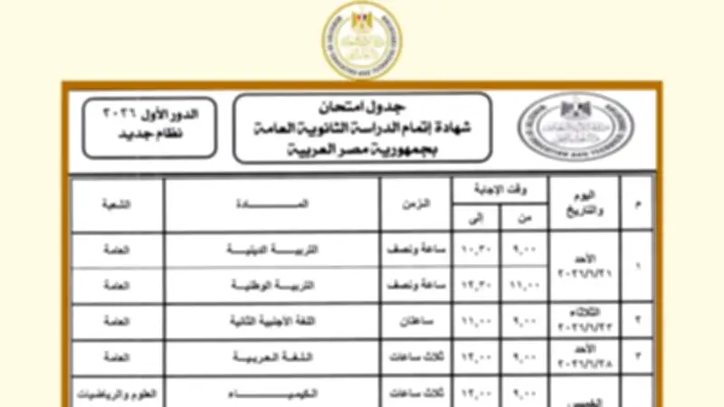 باقي 4 أيام.. جدول امتحانات الثانوية العامة 2026 لطلاب علمي وأدبي